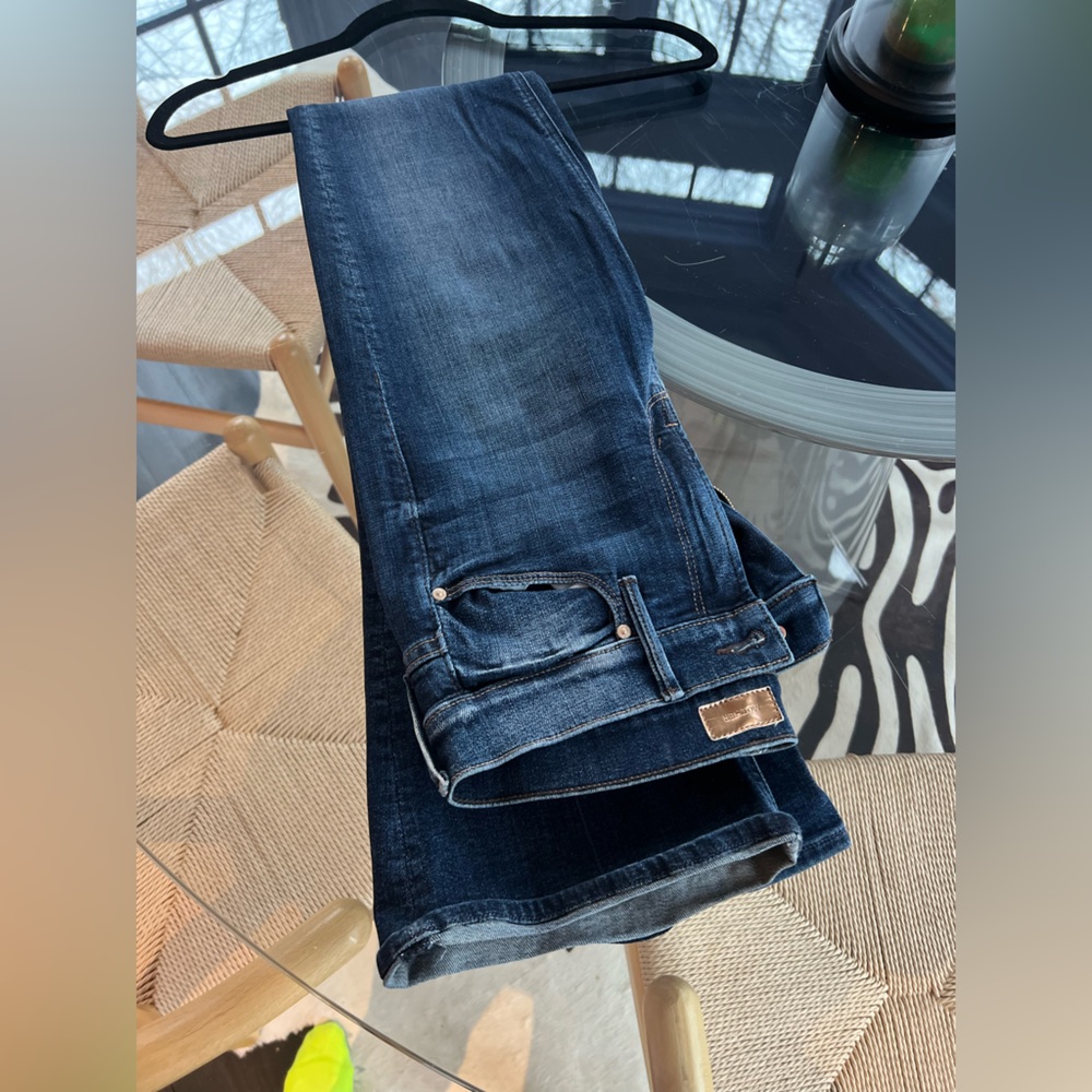 Dark wash, boot cut jeans with stretch